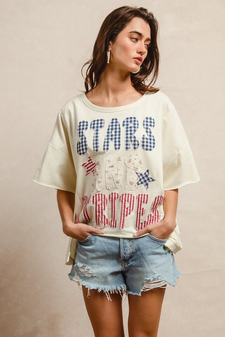 Cream Bibi Mix And Match Stars And Stripes Patchwork Short Sleeve T Shirt