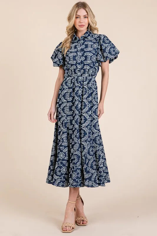 Navy Geegee Natural Leaf Pattern Eyelet Lace Puff Sleeve Dress