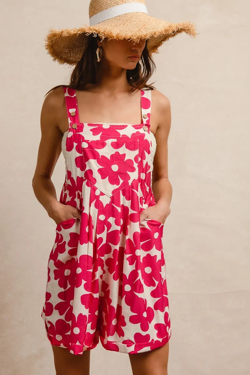 Fuchsia Bibi Floral Prints Tuck Detail Short Overall With Pockets