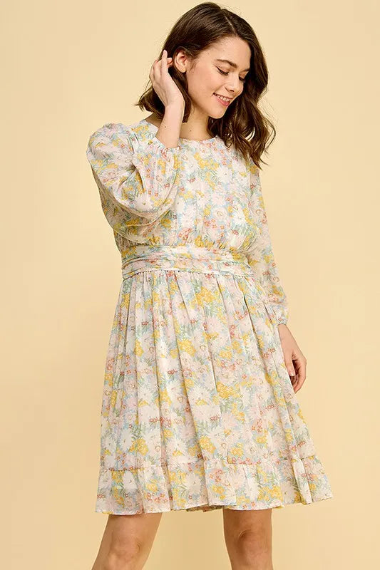 Lime N Chili Chiffon Floral Print Belted Dress With Back Zipper