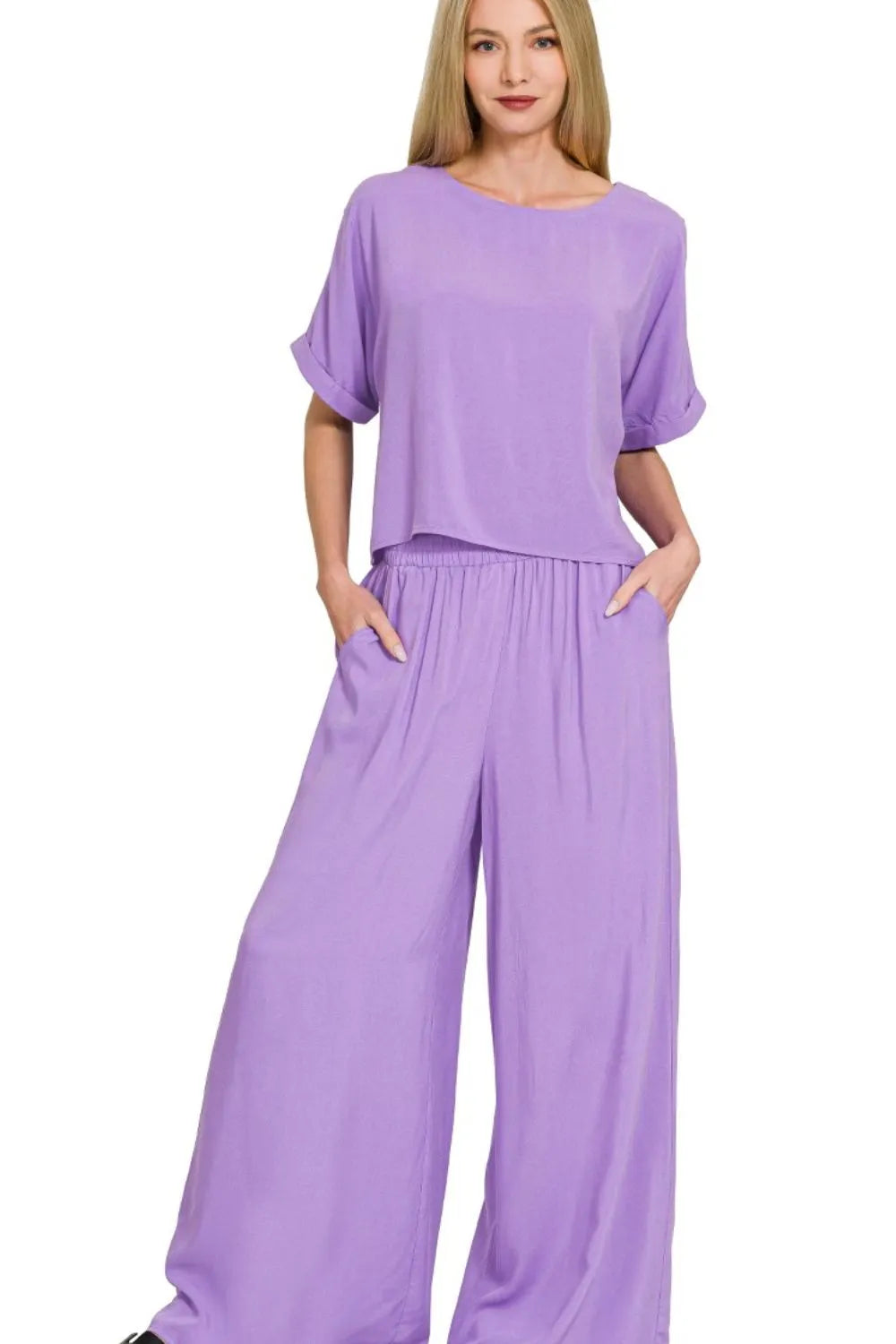 Lavender Zenana Round Neck T Shirt And Wide Leg Pants Set