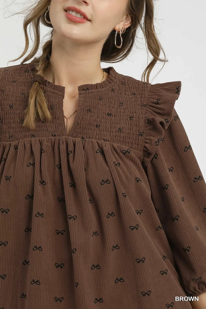 Umgee Bow Print Corduroy Puff Sleeve Blouse With Ruffled 1