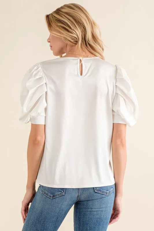 White And The Why Plain Satin Puff Shirring V Neck Blouse Top