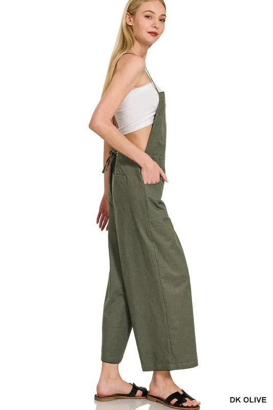 Dk Olive Zenana Woven Spaghetti Strap Overalls