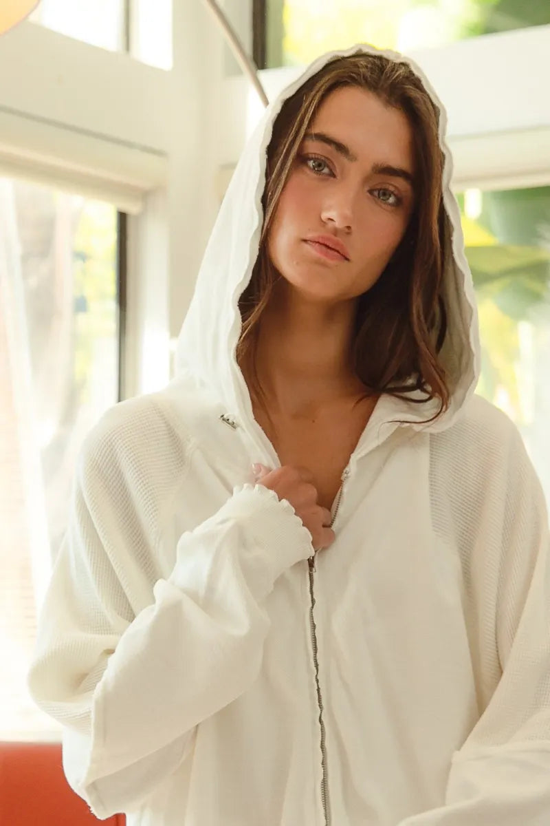 Ivory Bibi Waffle Thermal And Terry Mix Washed Zip Up Hoodie