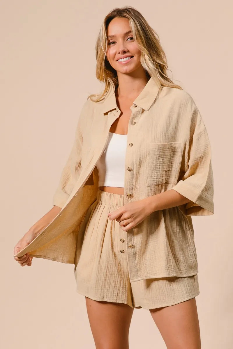 Oatmeal Bibi Crinkle Gauze Shirt And Short Set 2