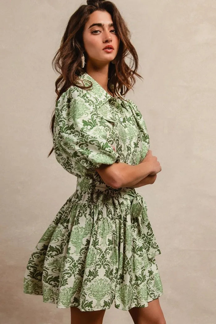 Green/Cream Bibi Tied Floral Short Sleeve Mini Shirt Dress