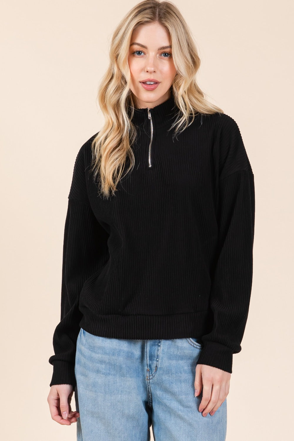 Black Bombom Quarter Zip Long Sleeve Sweatshirt With Pockets