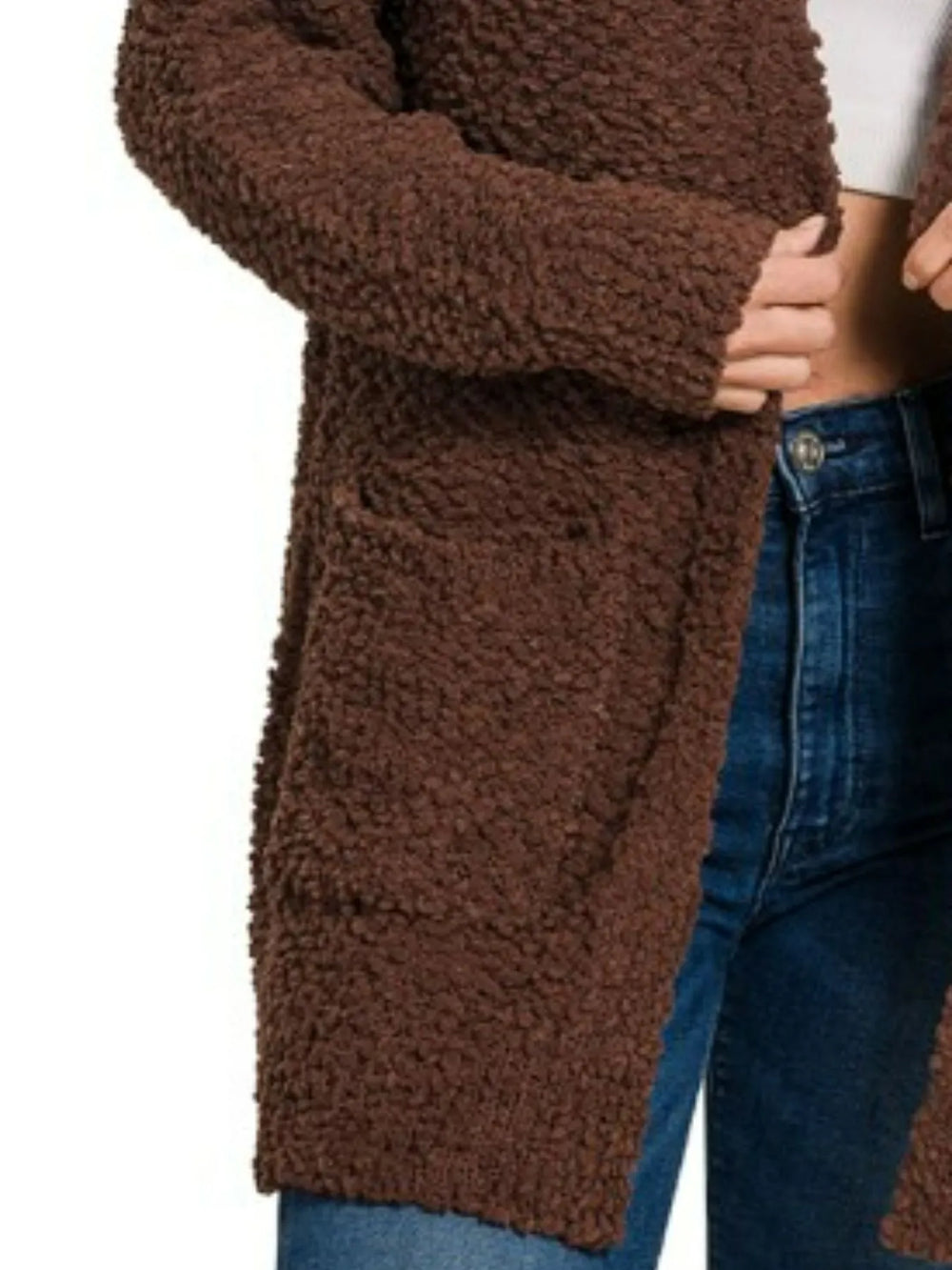 Brown Zenana Long Sleeve Popcorn Sweater Cardigan With Pockets
