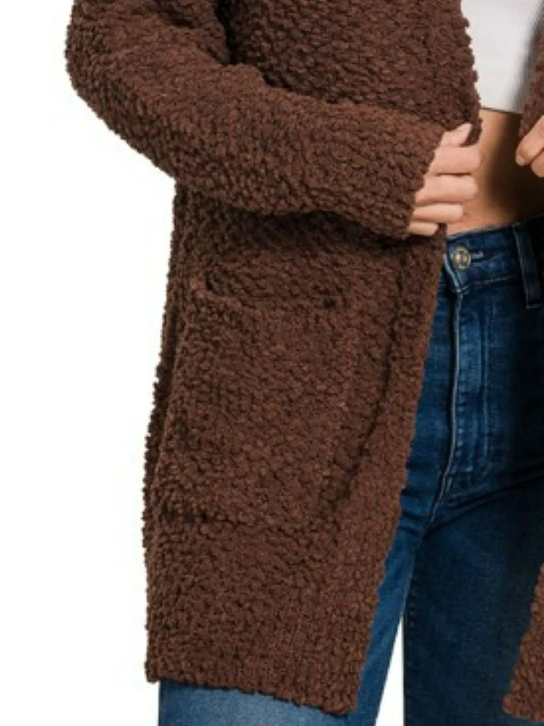 Brown Zenana Long Sleeve Popcorn Sweater Cardigan With Pockets