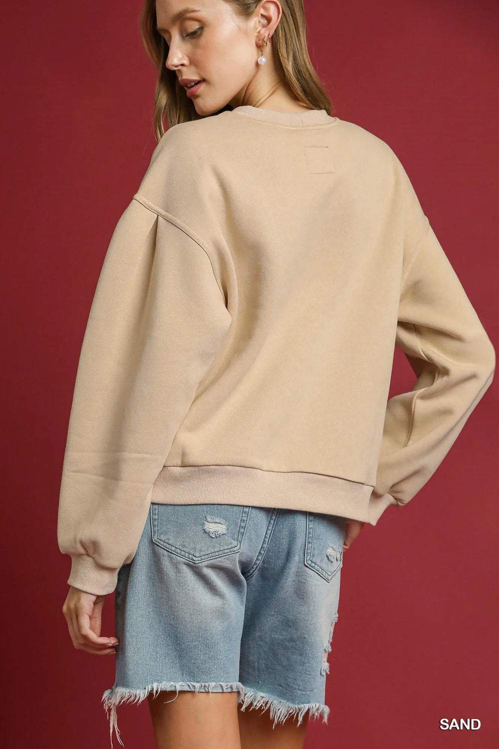Sand Umgee Round Neck Sweatshirt With Pleated Detail 2