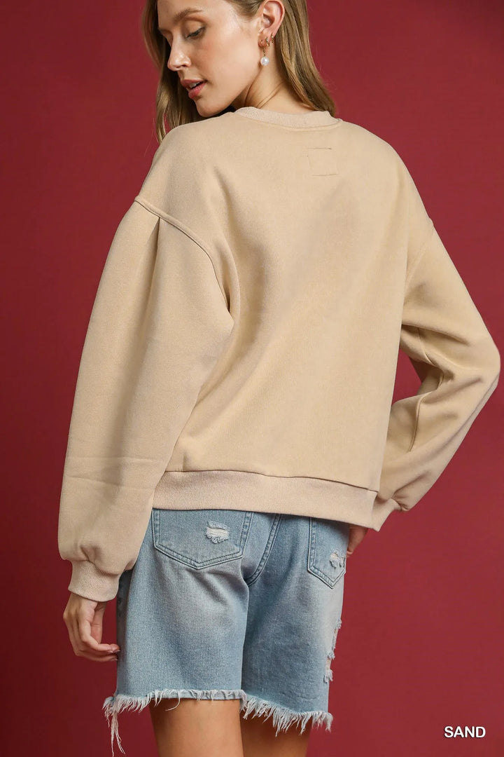 Sand Umgee Round Neck Sweatshirt With Pleated Detail 2
