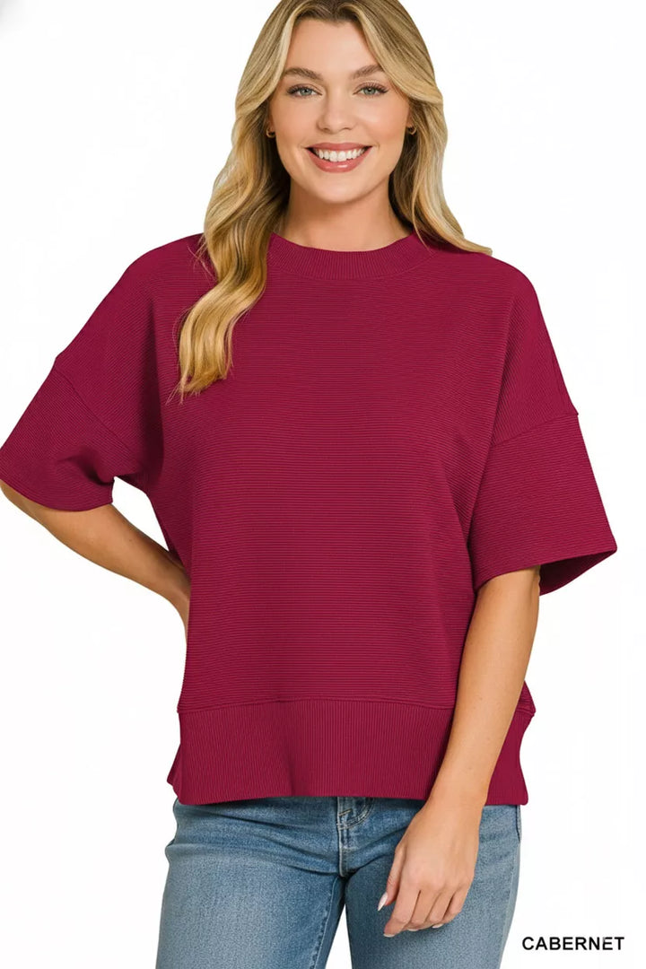 Cabernet Zenana Ribbed Round Neck Waist Banded T Shirt 2