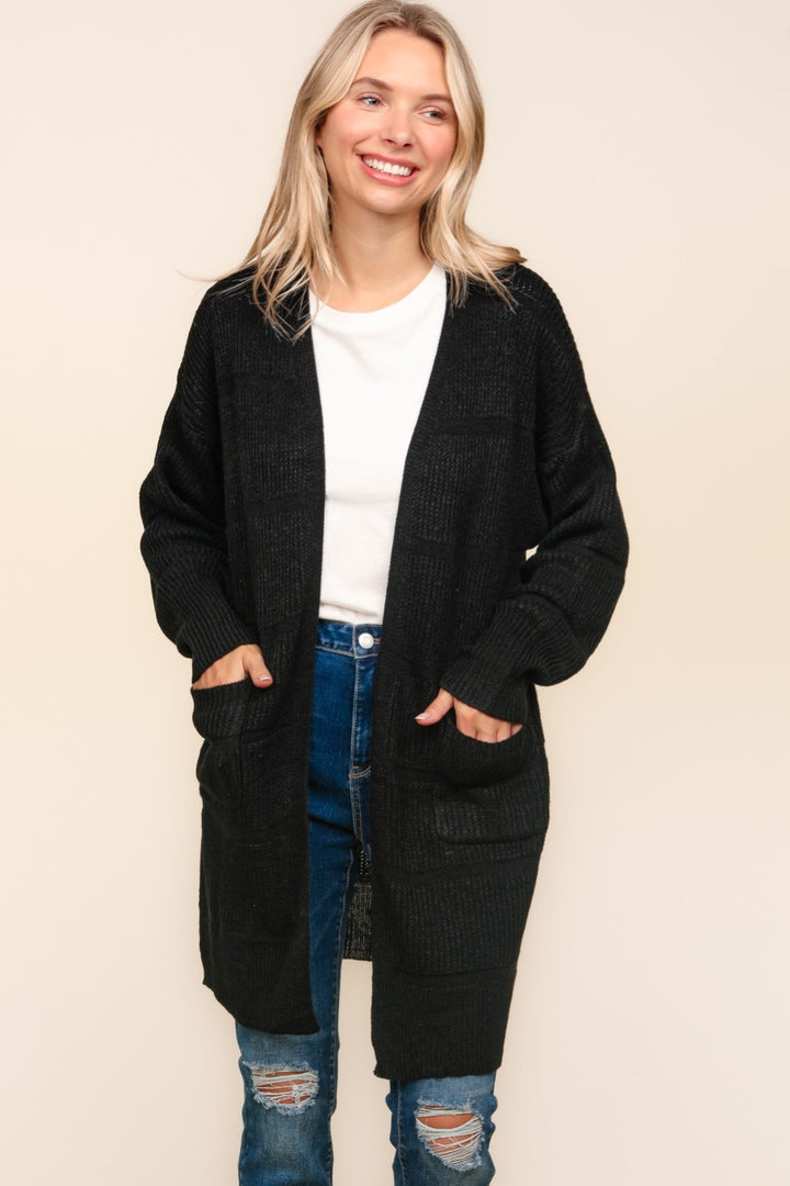 Black Haptics Stripe Textured Open Front Cardigan With Pockets