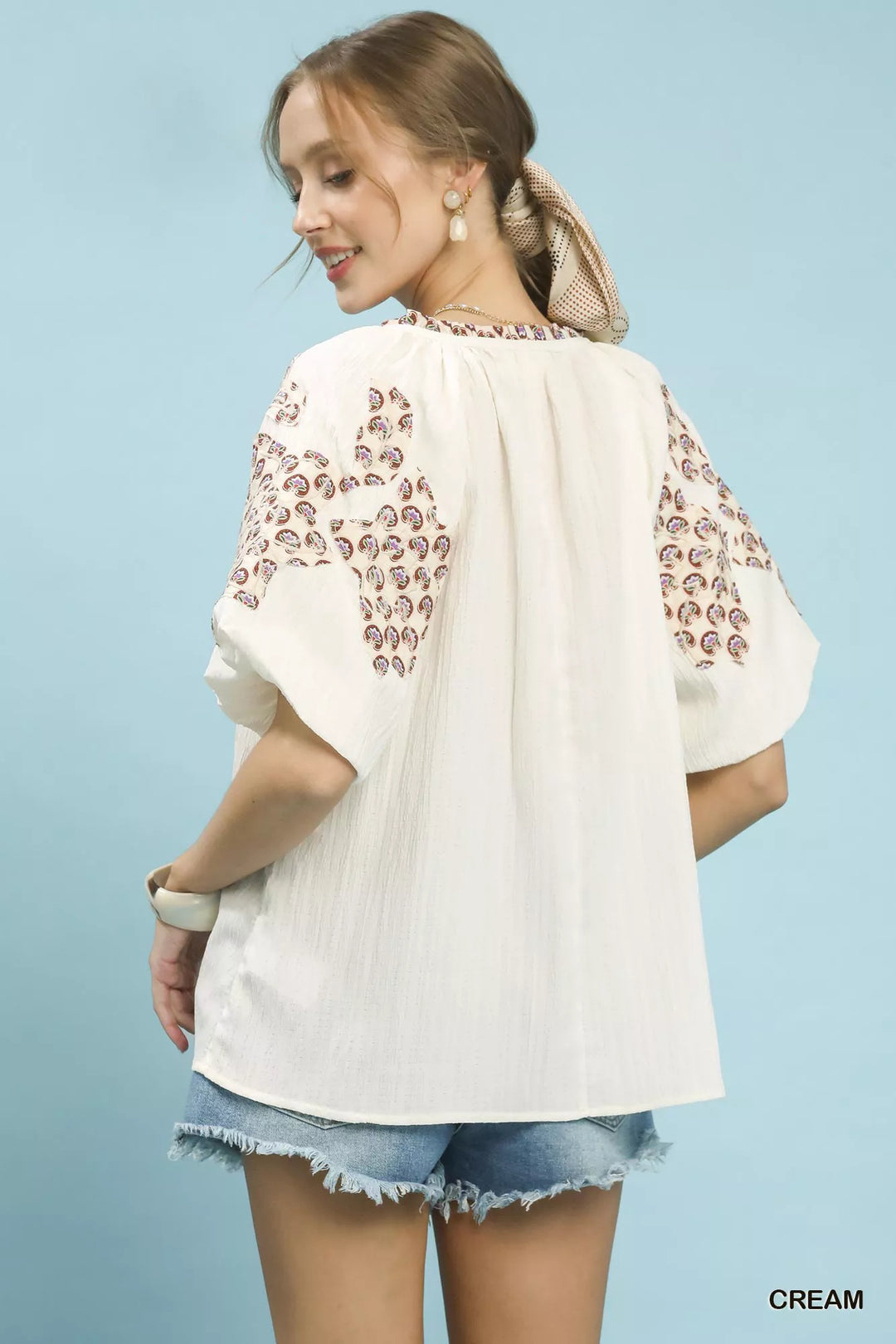 Umgee Embroidered Sleeve Contrast Trim Top