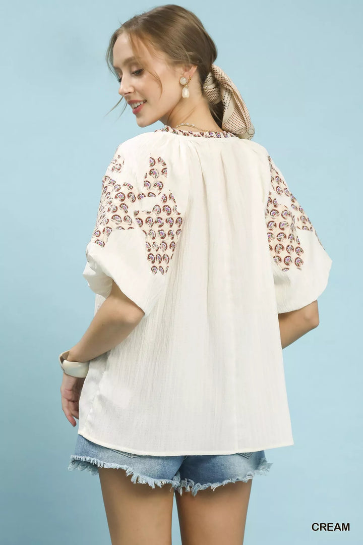 Umgee Embroidered Sleeve Contrast Trim Top