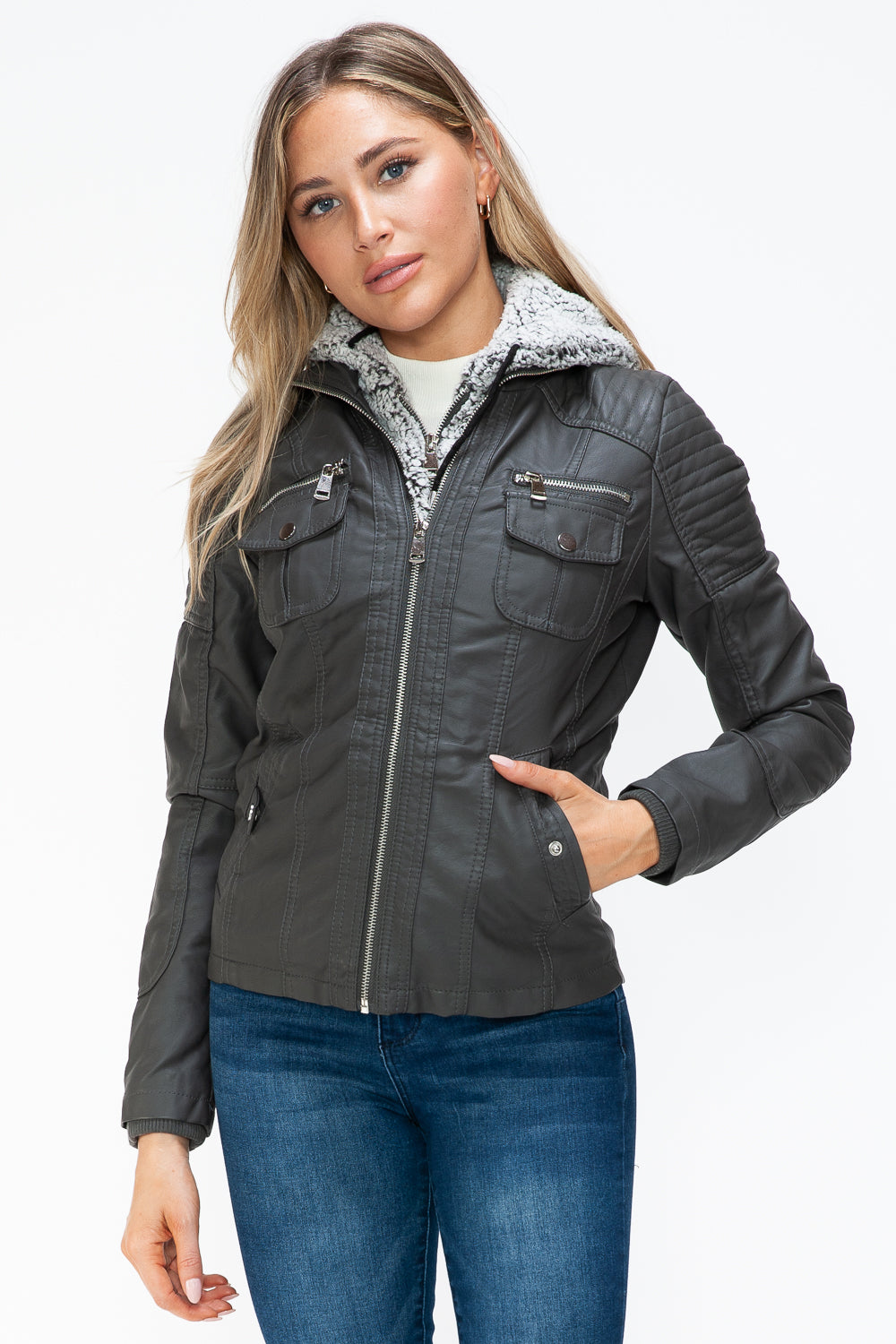 Charcoal Ymi Removable Faux Layered Multi Pocket Jacket With Fuzzy Hood 1