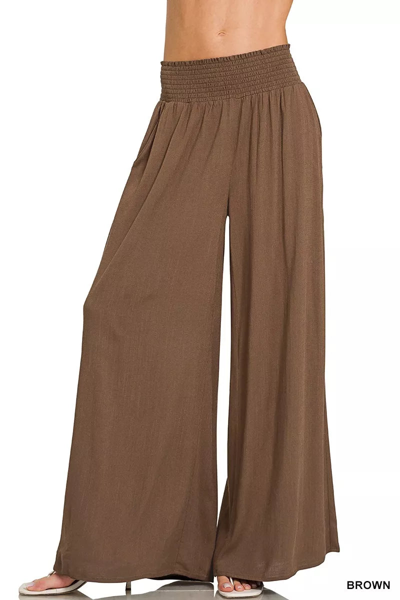 Brown Zenana Smocked Waistband Wide Leg Lounge Pants
