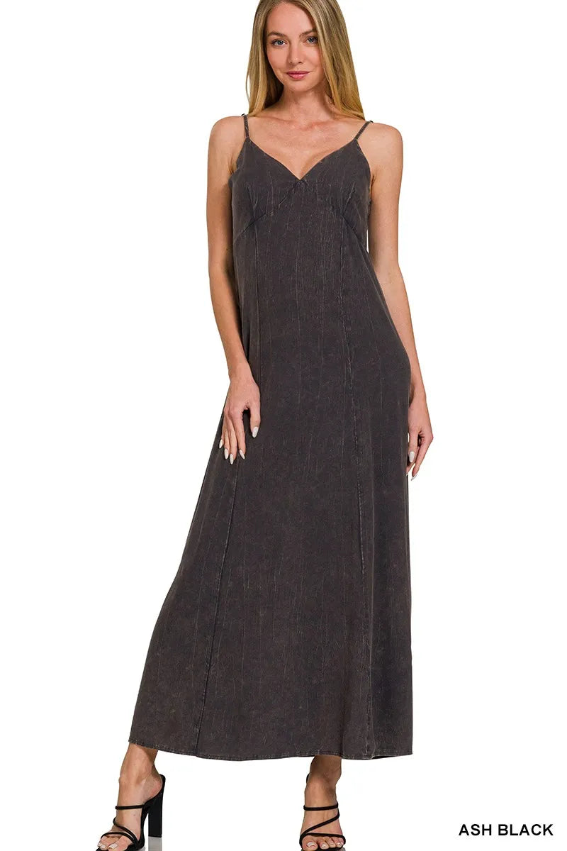 Ash Black Zenana Mineral Washed Rayon Challis Cami Dress