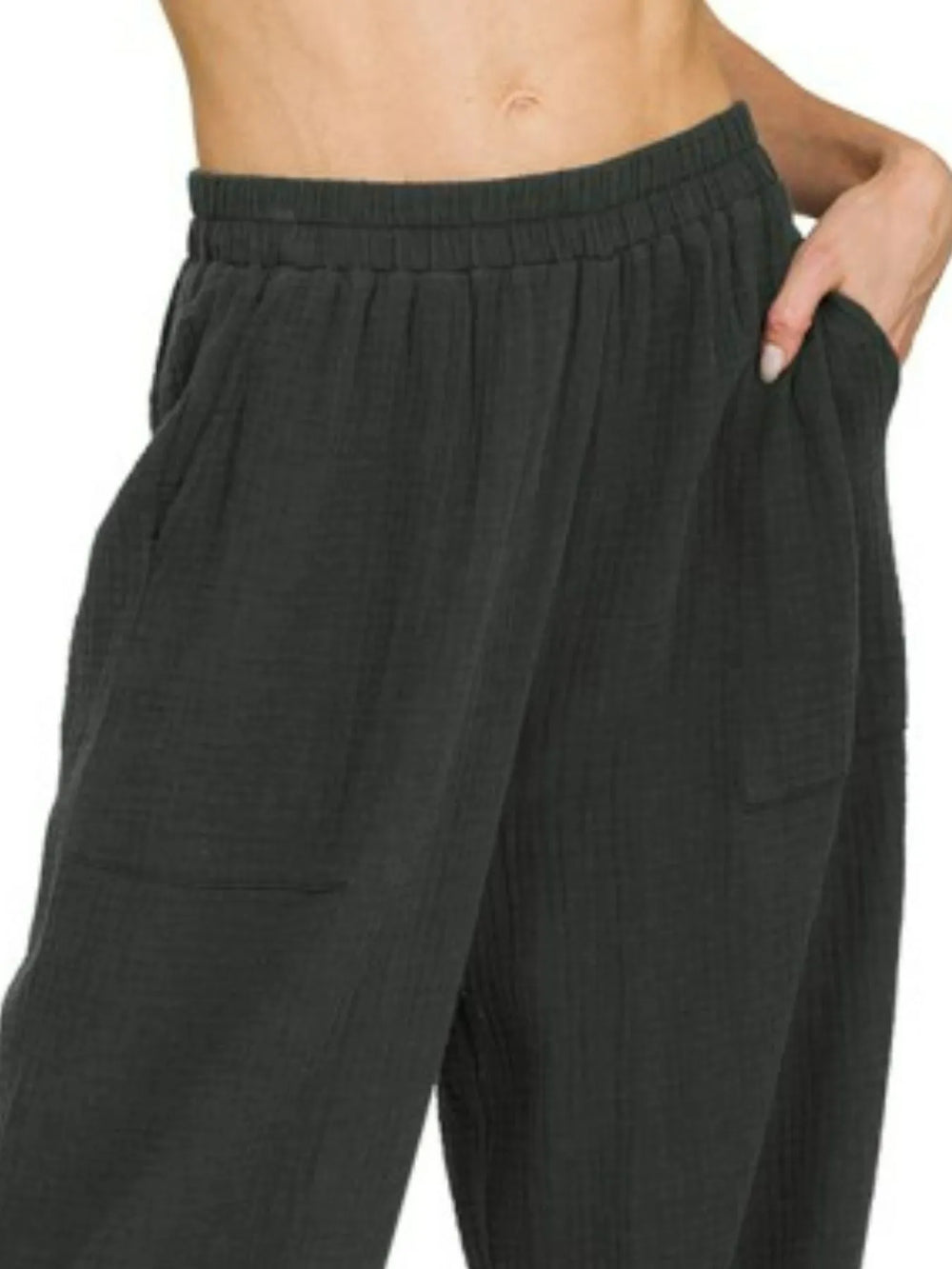 Black Zenana Double Gauze Elastic Band Pants 1