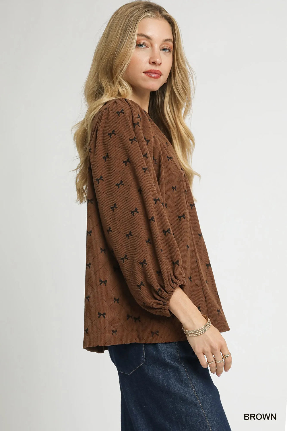 Brown Umgee Corduroy Bow Print Balloon Sleeve Blouse