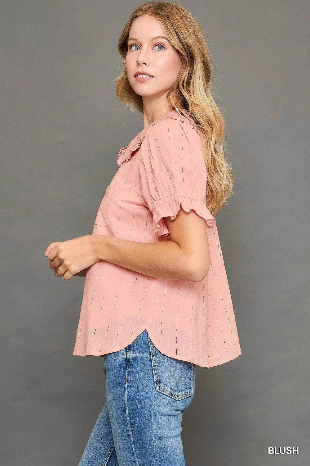 Blush Peter Pan Collared Button Down Textured Shirt With Ruffled Detail