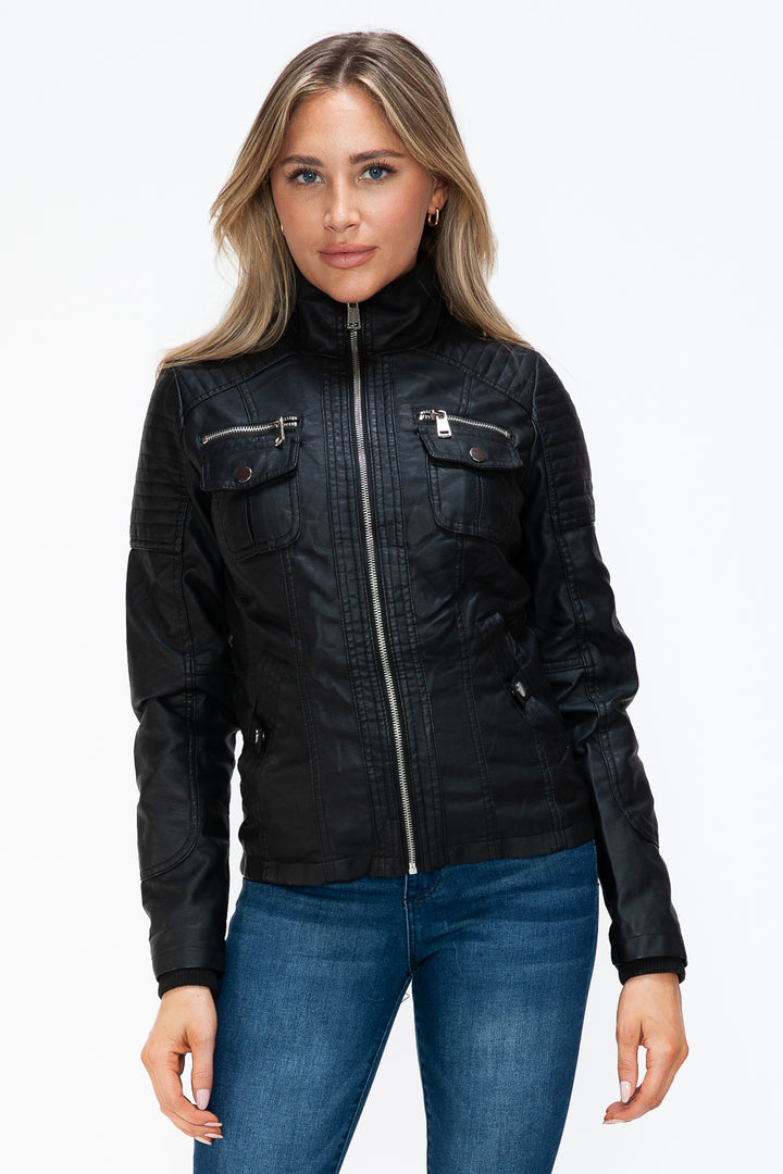 Ymi Removable Faux Layered Multi Pocket Jacket With Fuzzy Hood