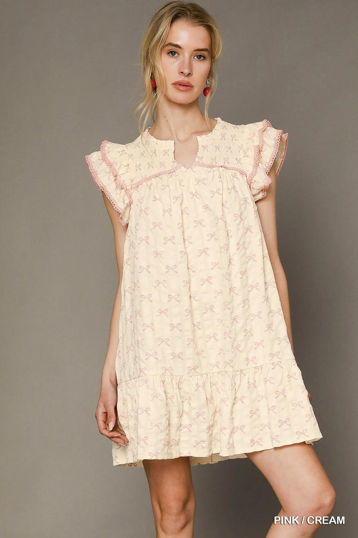 Umgee Bow Print Ruffled Cap Sleeve Mini Dress 1