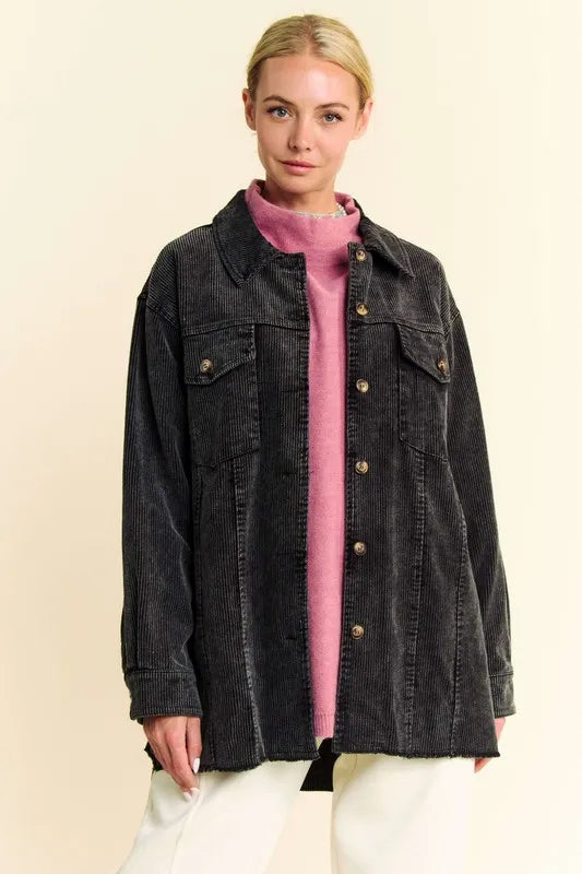Black Davi Dani Washed Corduroy Raw Hem Button Up Jacket