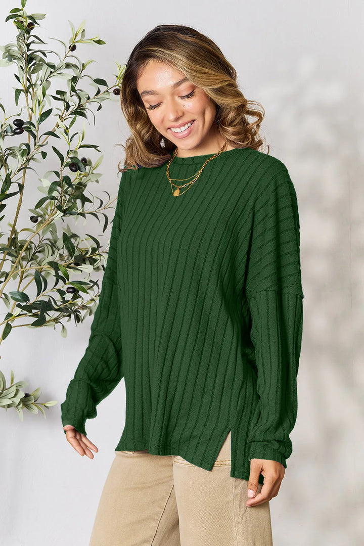 Dark Green Basic Bae Full Size Ribbed Round Neck Slit Knit Top