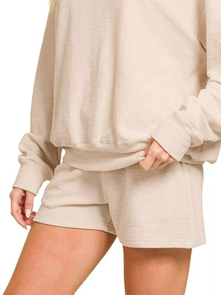 Sand Beige Zenana Slub Long Sleeve Top And Shorts Set 1