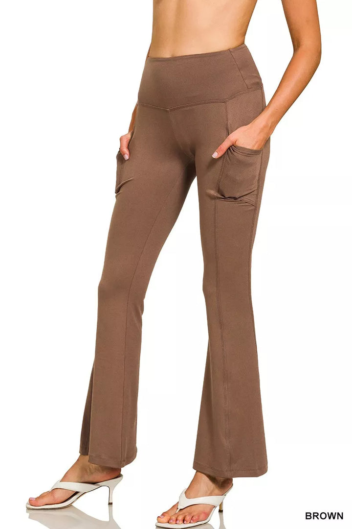 Brown Zenana Brushed Dty Microfiber Flare Pants 1