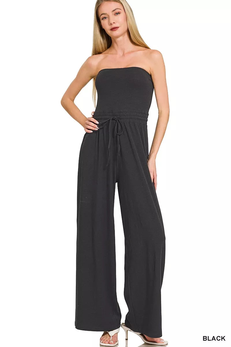 Black Zenana Tube Top Jumpsuit With Drawstring Waist 1