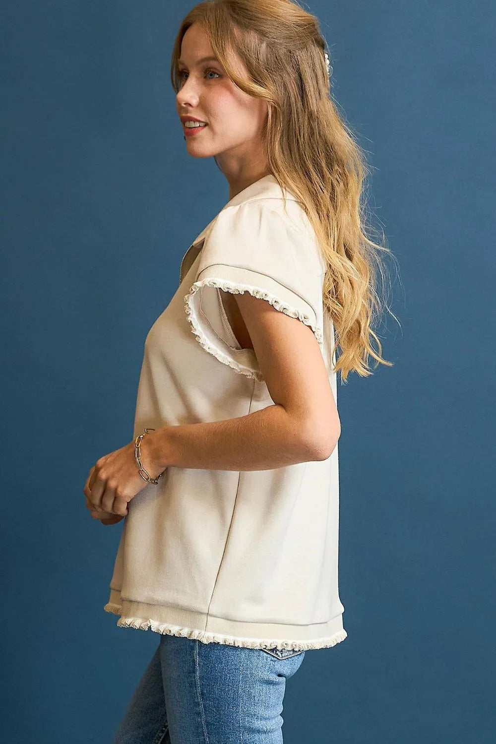 Cream Umgee Frill Hem Half Zip Collared Blouse
