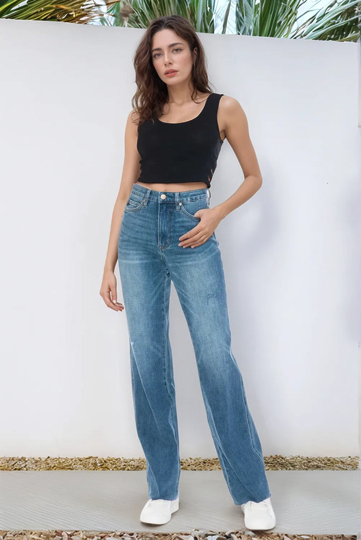 Medium Judy Blue Full Size Tummy Control Cut Raw Hem Straight Jeans 1