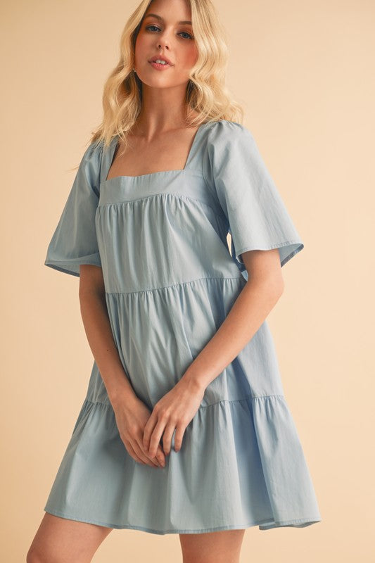 Light Blue Aemi Co Square Neck Half Sleeve Tiered Dress 1