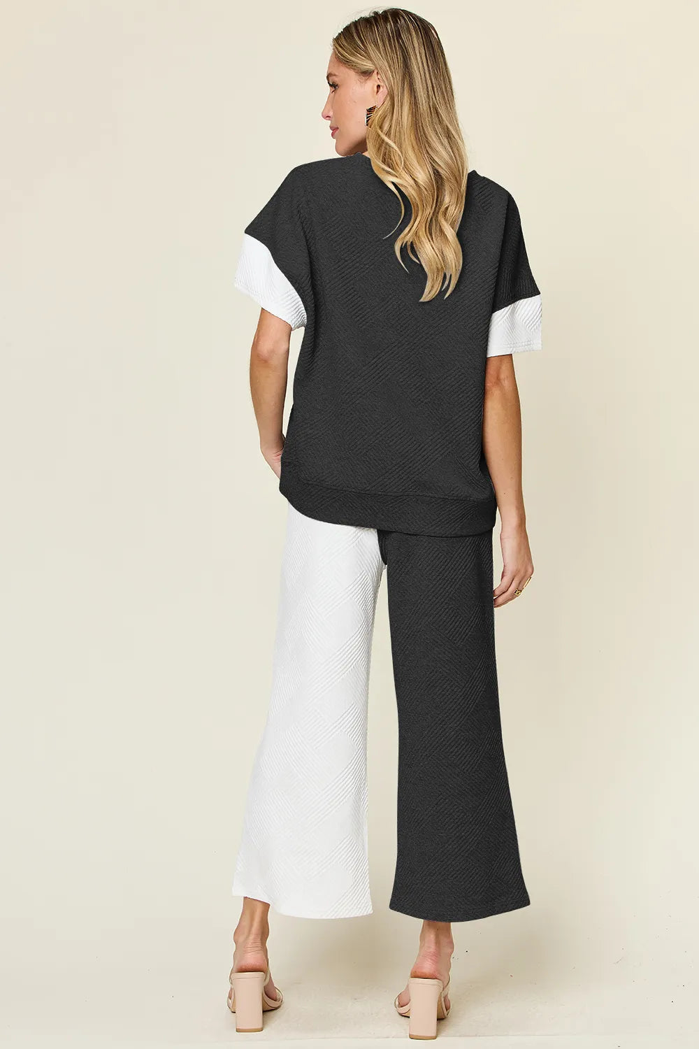 Light Gray Double Take Full Size Texture Contrast T Shirt And Wide Leg Pants Set
