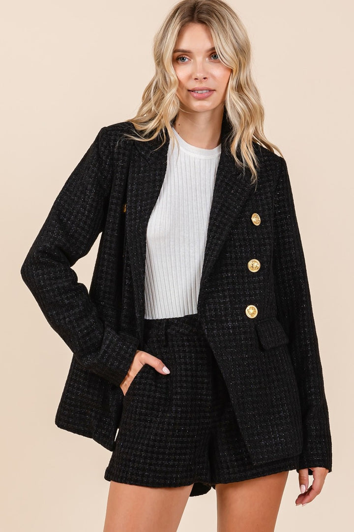 Mittoshop Plaid Texture Double Breasted Long Sleeve Blazer