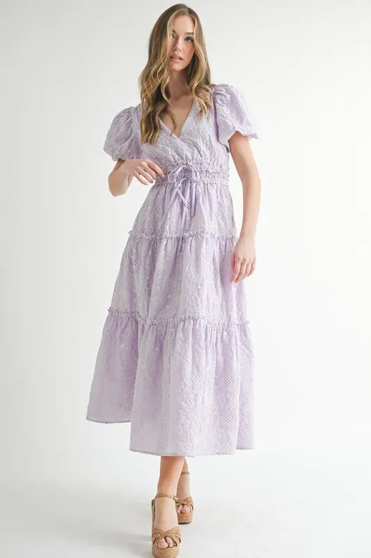 Mable Eyelet Lace Puff Sleeve V Neck Midi Dress 1