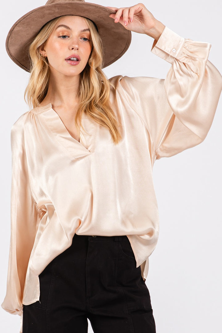 Sage Fig Notched Long Sleeve Blouse