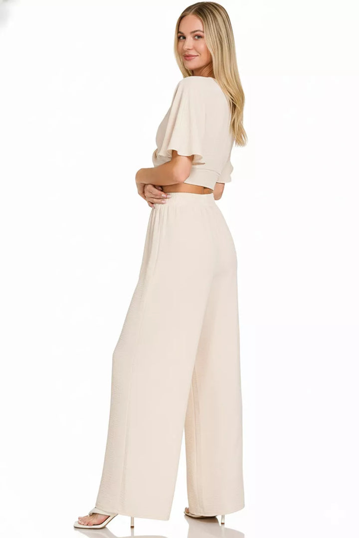 Sand Beige Zenana Woven Airflow Twisted Top Wide Leg Pants Set 1
