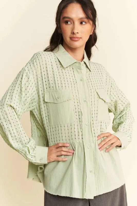 Sage Davi Dani Garment Washed Jacquard Button Front Shirt