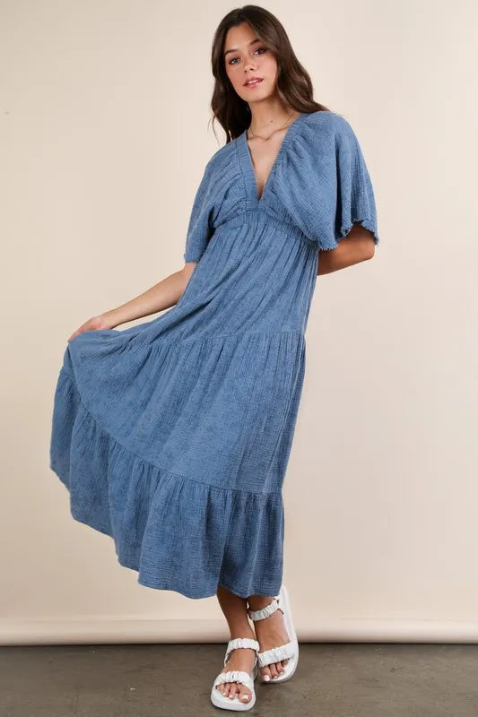 Denim Very J Mineral Washed Elastic Neck Detail Midi Dress 1