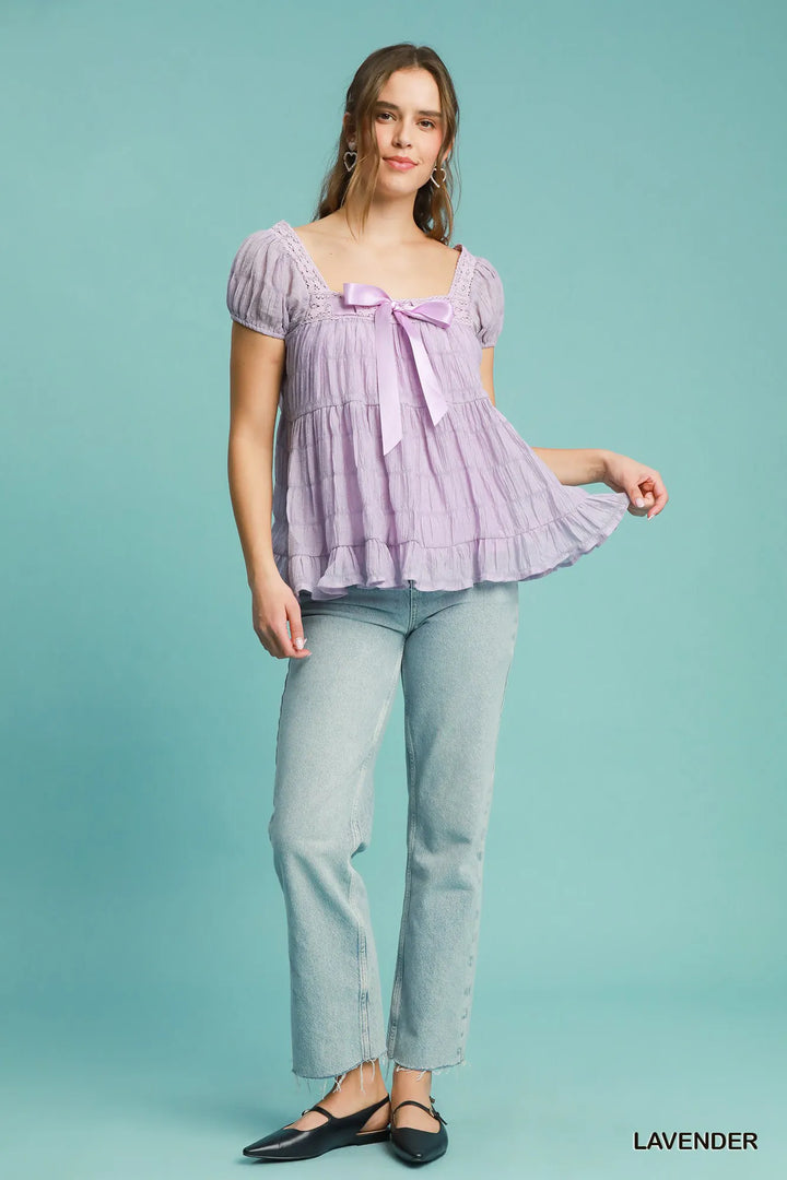 Umgee Textured Square Neck Bow Tie Blouse With Ruffle Hem