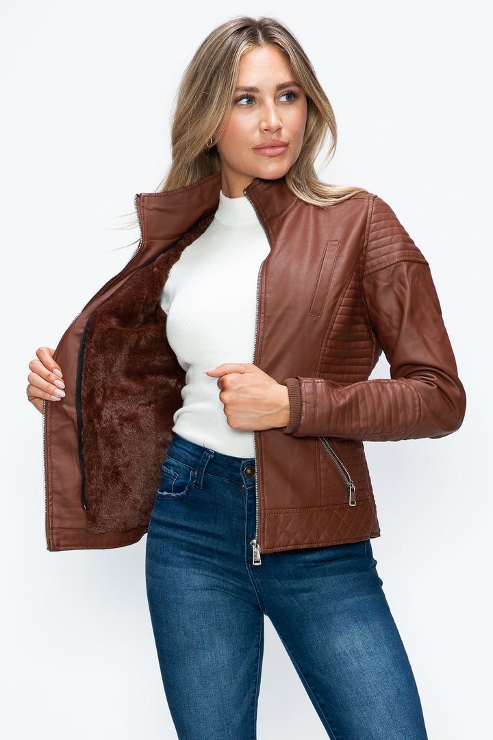 Ymi Faux Layered Double Zipper Jacket With Fuzzy Hood 5