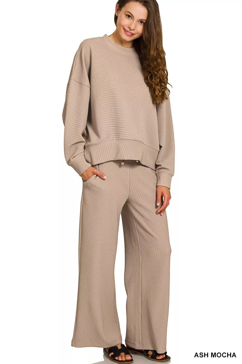 Ash Mocha Zenana Ribbed Round Neck Pullover And Drawstring Pants Set