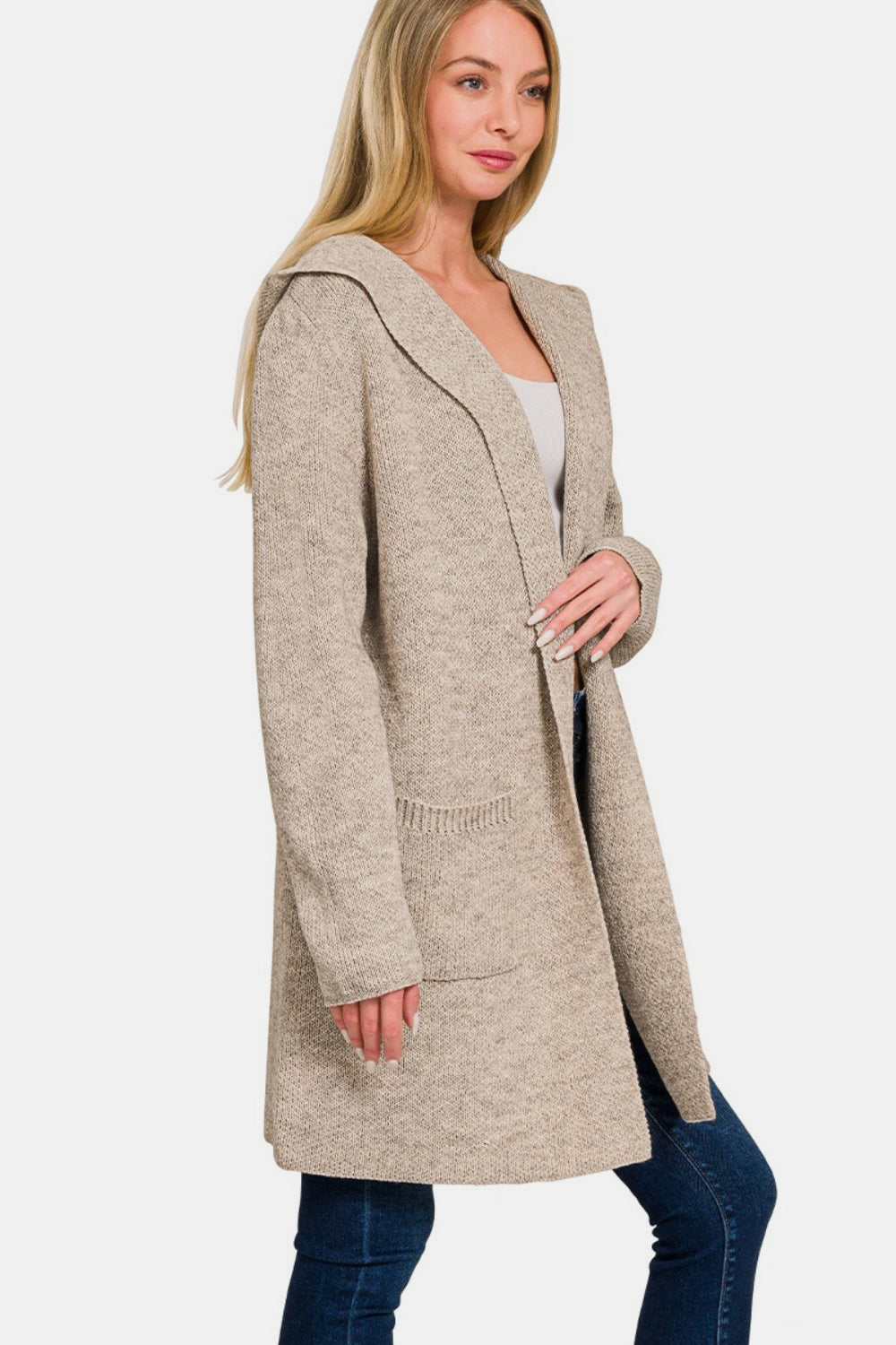 H Mocha Zenana Hooded Open Front Sweater Cardigan 1