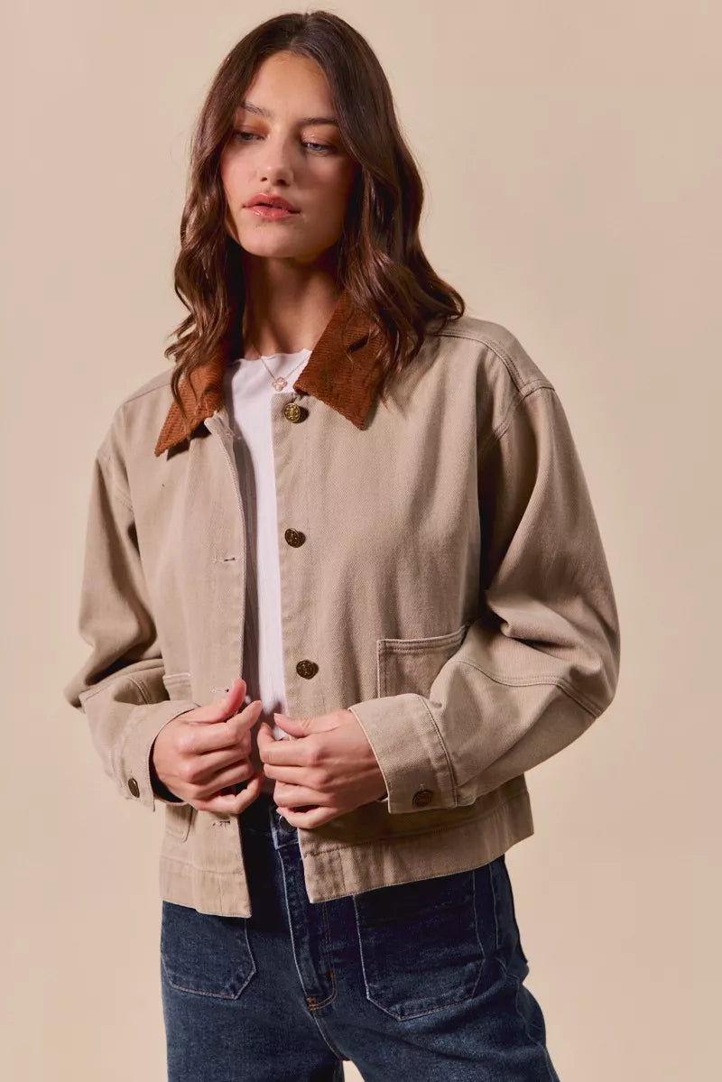 So Me Cotton Twill Cropped Barn Jacket Wtih Collar