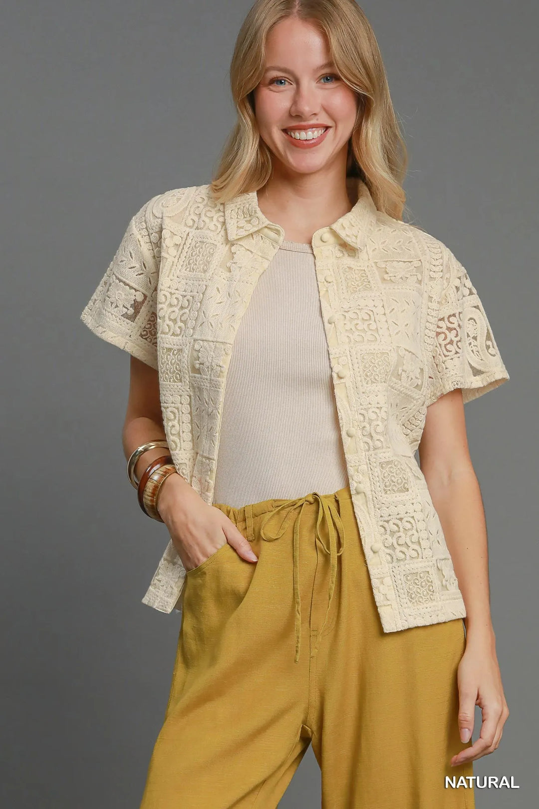 Natural Umgee Patch Lace Short Sleeve Button Down Shirt 1