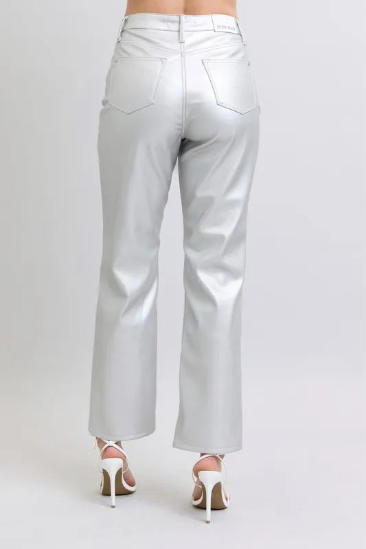 Metallic Silver Judy Blue Full Size High Waist Silver Faux Leather Pants Plus Size